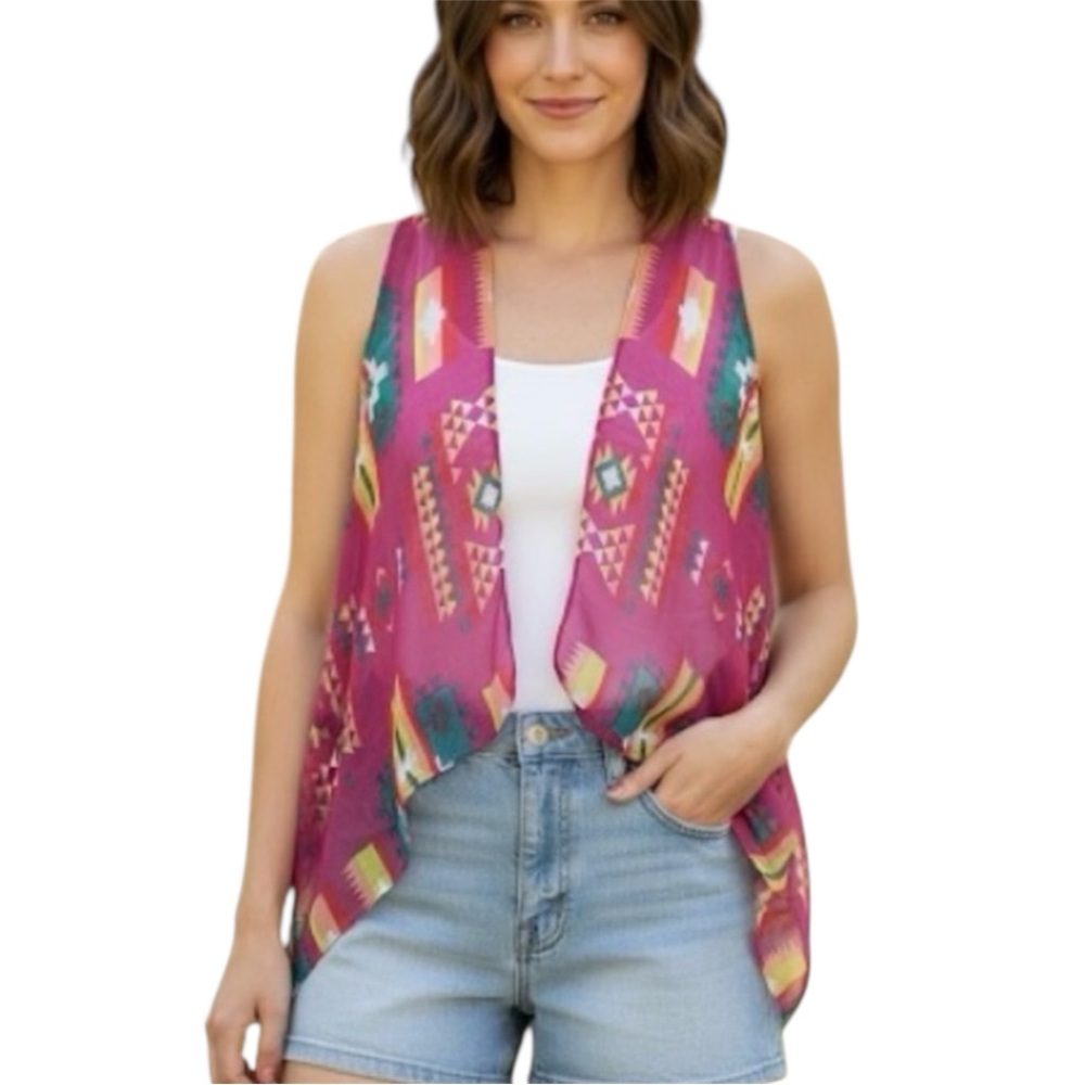 Rampage Pink Patterned Open Front Sleeveless Vest